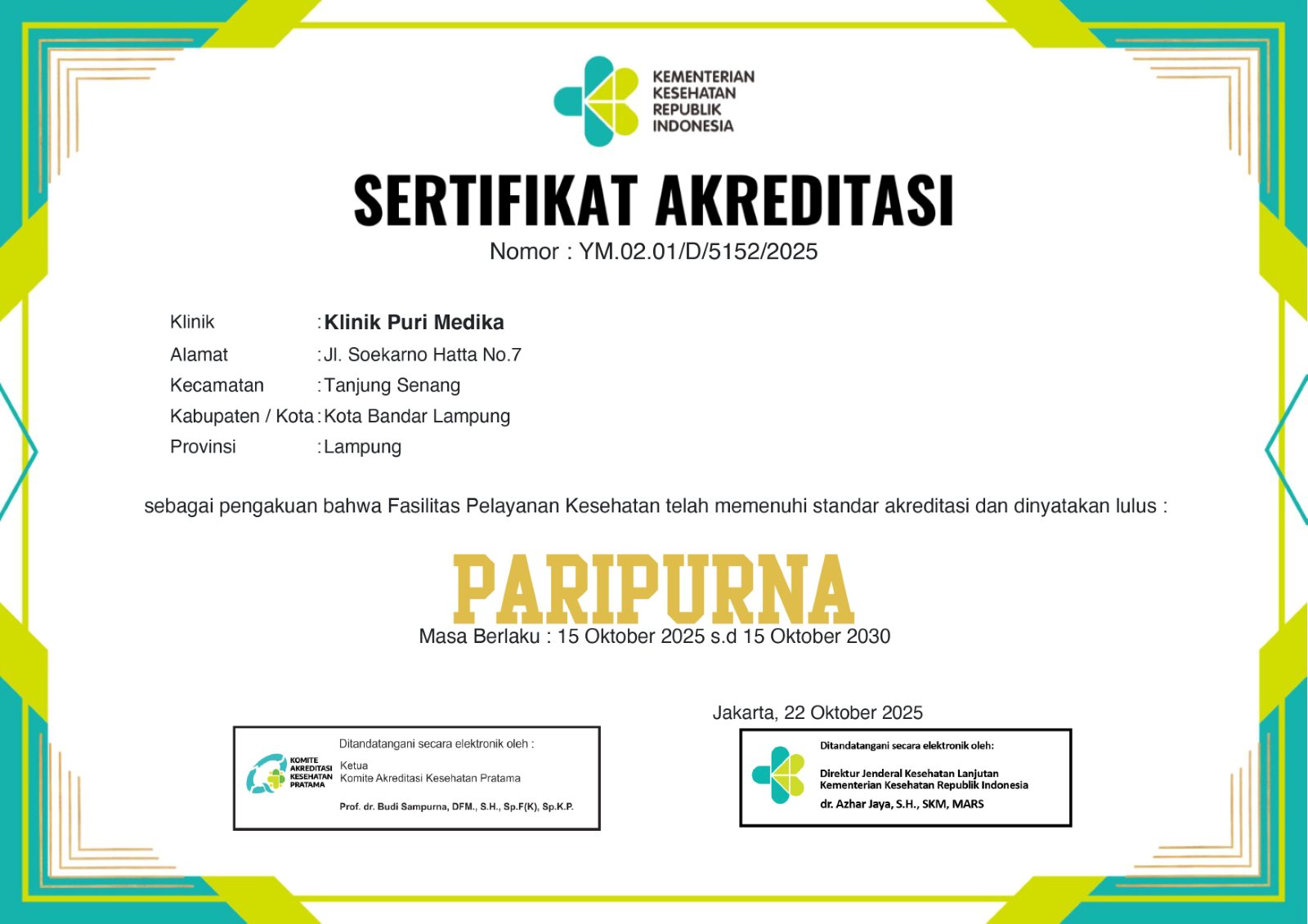 Sertifikat akreditasi Klinik Puri Medika